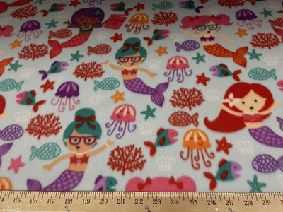 Premium Anti-Pill Mermaids Fish On Blue  Fleece 45