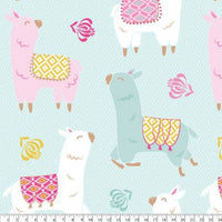 Premium Anti-Pill Happy Llamas White Teal Fleece B975 "LAST PIECE MEASURES 32 INCHES LONG"